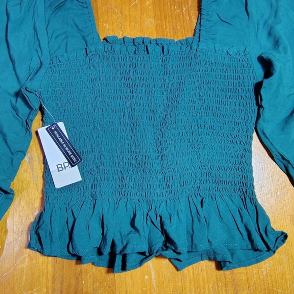 BP Nordstrom Smocked Square Neck Puff Sleeve Peplum Top Green Evergreen Size S‎ - Picture 3 of 8